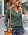 Dark Slate Gray Ribbed Half Button Long Sleeve Knit Top