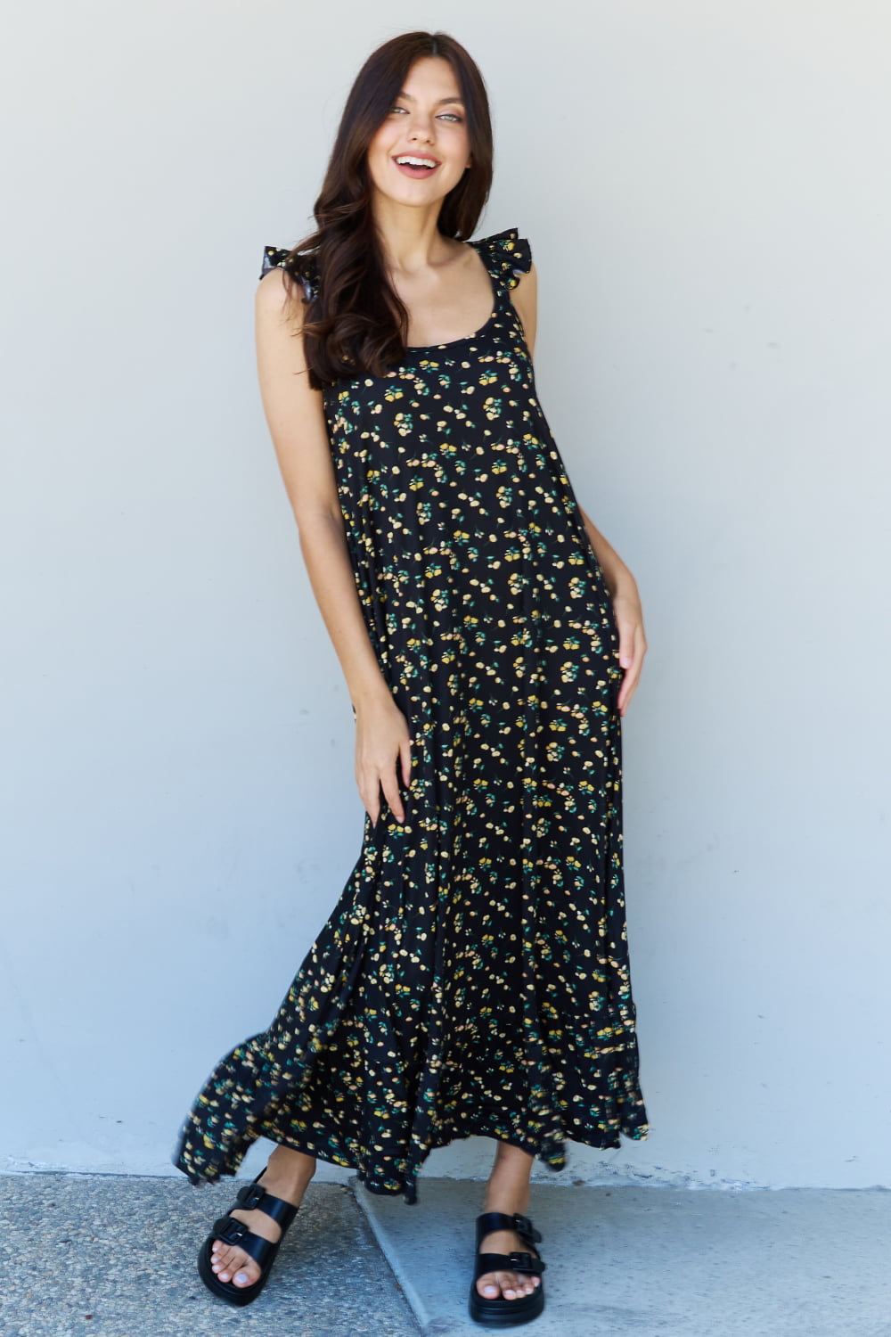Light Gray Doublju In The Garden Ruffle Floral Maxi Dress in  Black Yellow Floral Sentient Beauty Fashions Apparel & Accessories