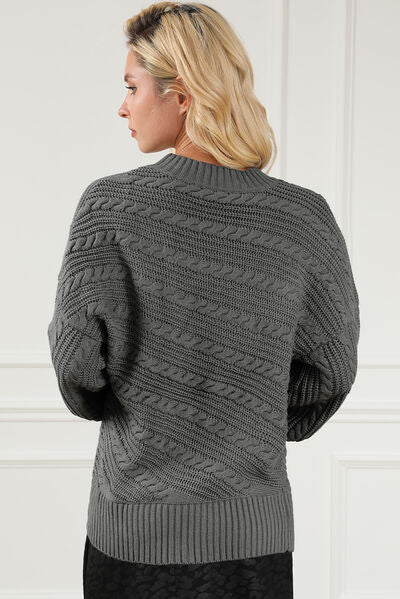 Dark Slate Gray Cable-Knit Mock Neck Dropped Shoulder Sweater Sentient Beauty Fashions Apparel & Accessories