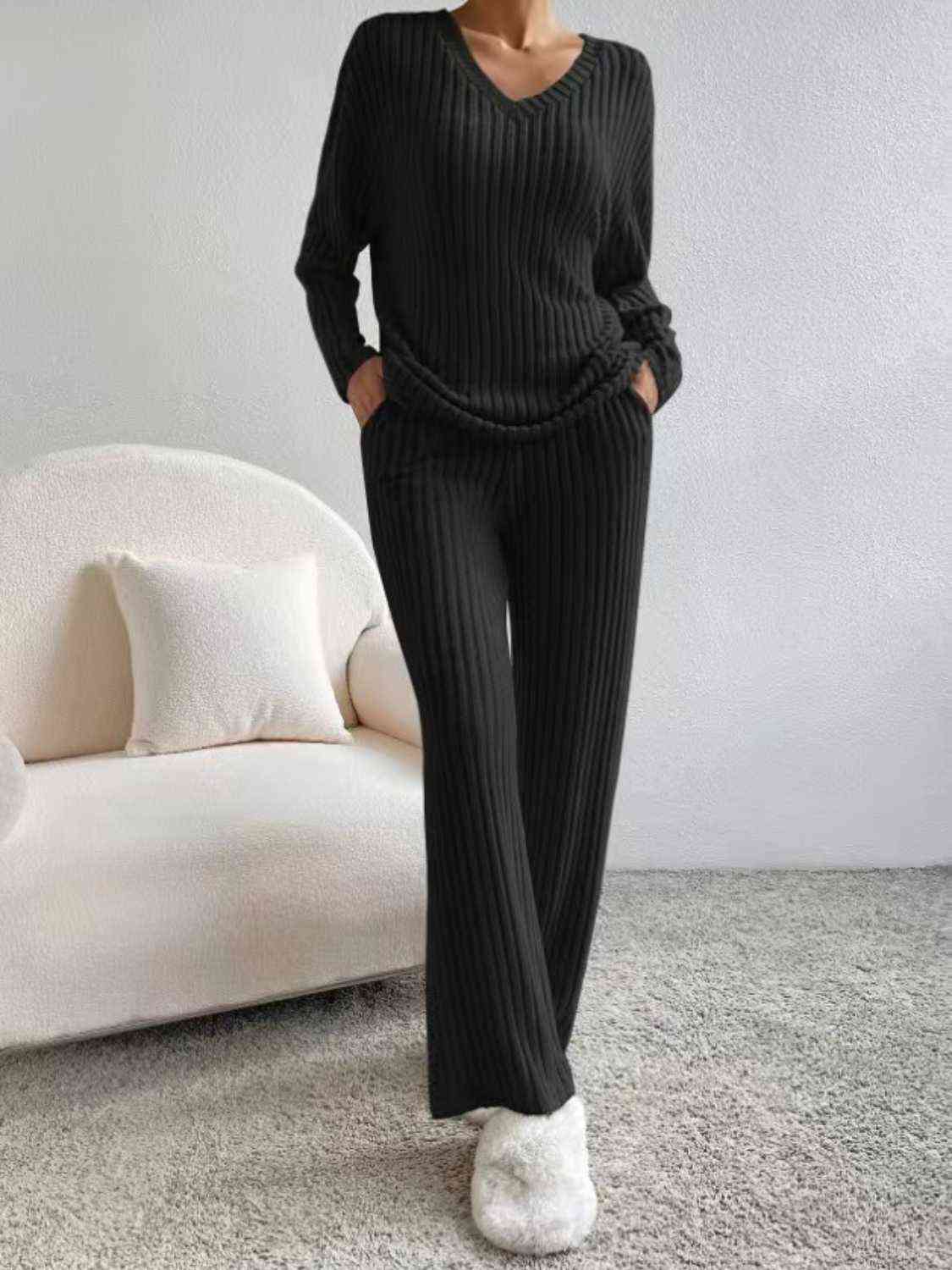 Gray Ribbed V-Neck Long Sleeve Top and Pants Set Sentient Beauty Fashions Apparel &amp; Accessories