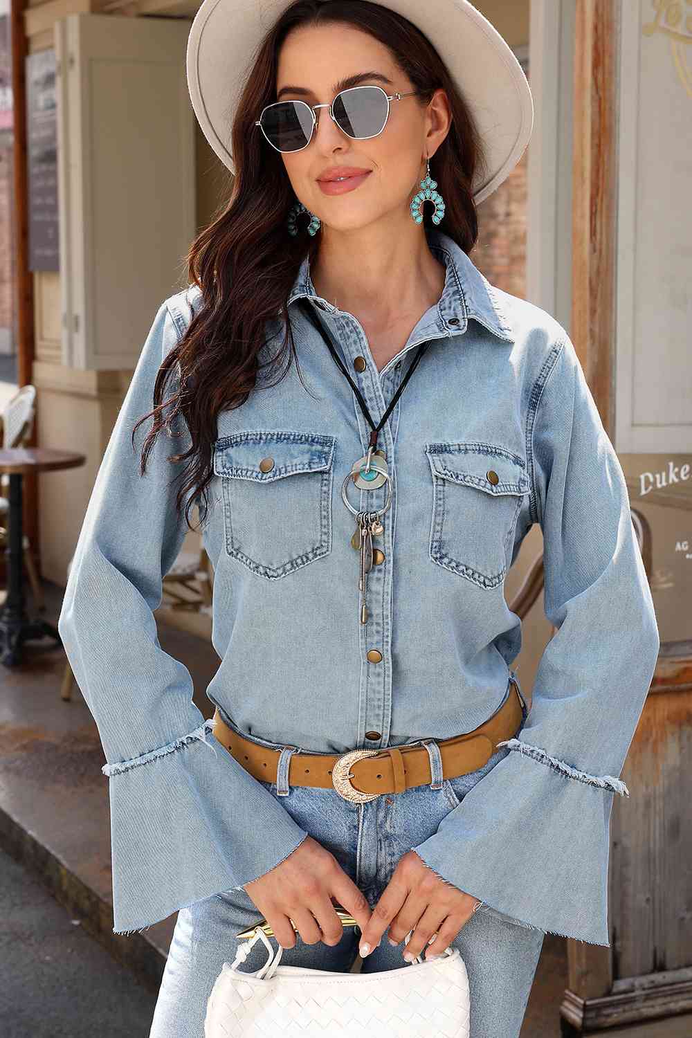Light Slate Gray Button Front Flare Sleeve Denim Top Sentient Beauty Fashions Apparel & Accessories