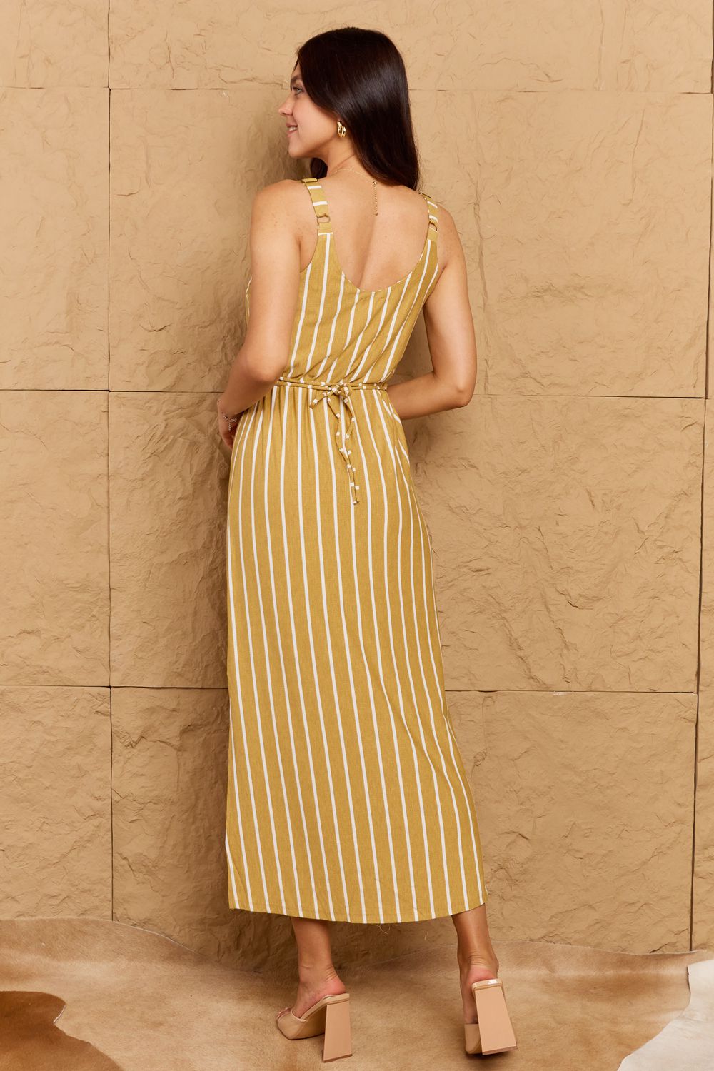 Dark Khaki OOTD Sweet Talk Stripe Texture Knit Maxi Dress in Mustard