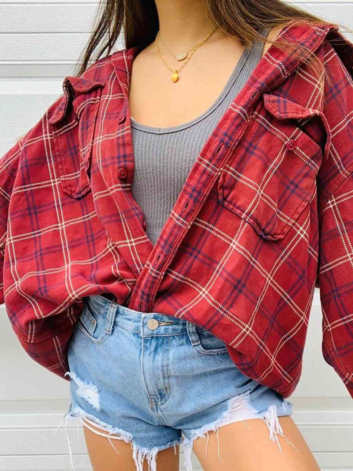 Brown Plaid Button Front Shirt with Pockets Sentient Beauty Fashions Apparel & Accessories