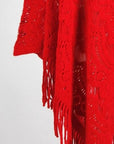 Firebrick Fringe Openwork Surplice Cape Sleeve Poncho