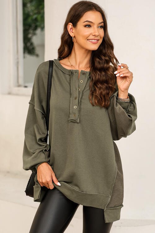 Light Gray Buttoned Dropped Shoulder Sweatshirt Sentient Beauty Fashions Apparel & Accessories