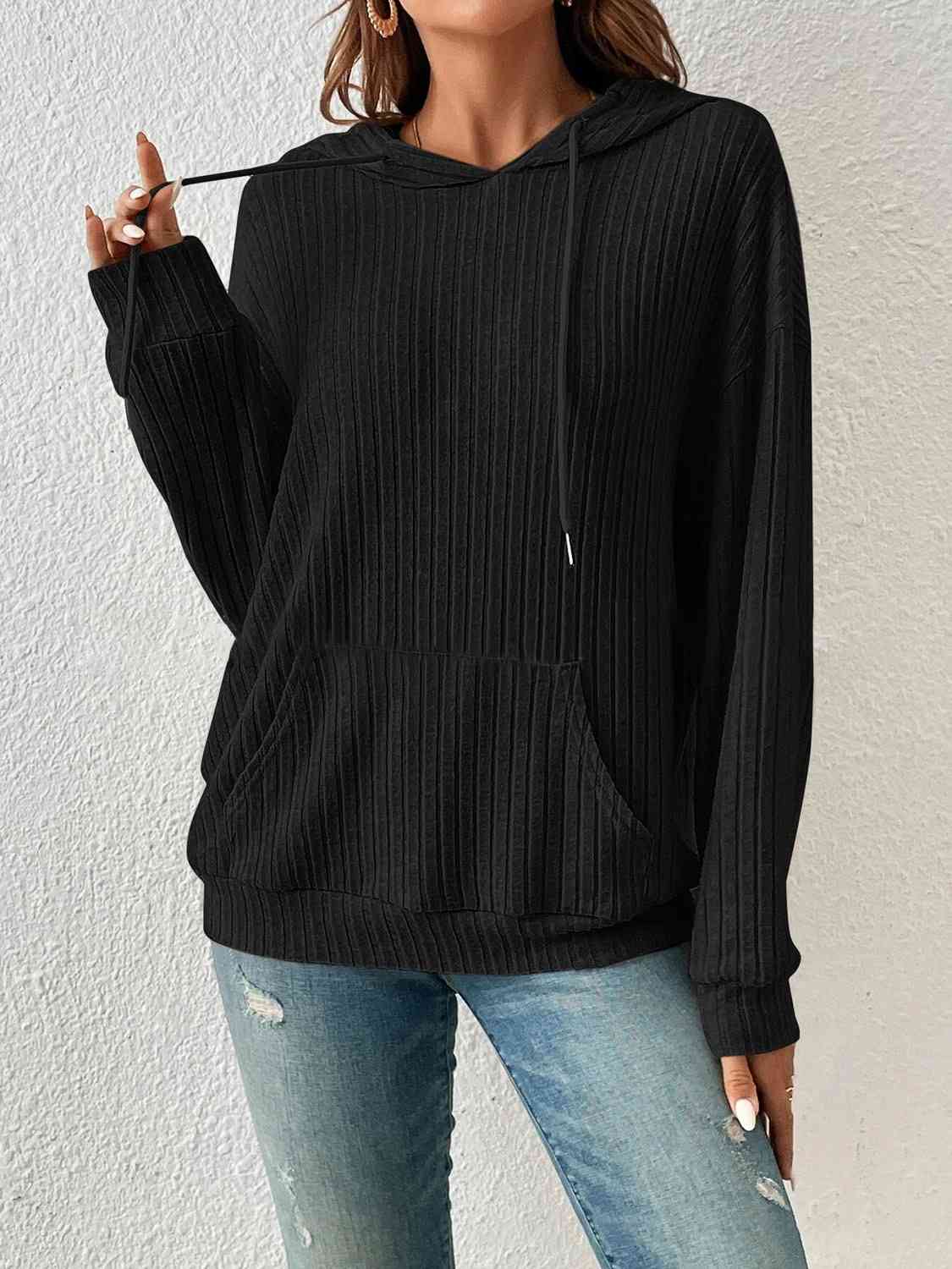 Black Ribbed Dropped Shoulder Drawstring Hoodie