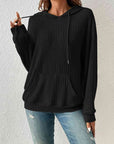 Black Ribbed Dropped Shoulder Drawstring Hoodie