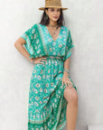Light Gray Floral V-Neck Smocked Short Sleeve Dress Sentient Beauty Fashions Apparel & Accessories