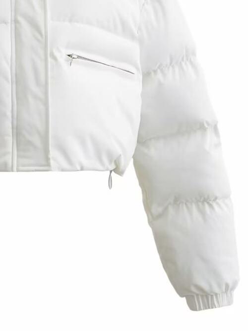 Light Gray Snap and Zip Closure Drawstring Cropped Winter Coat