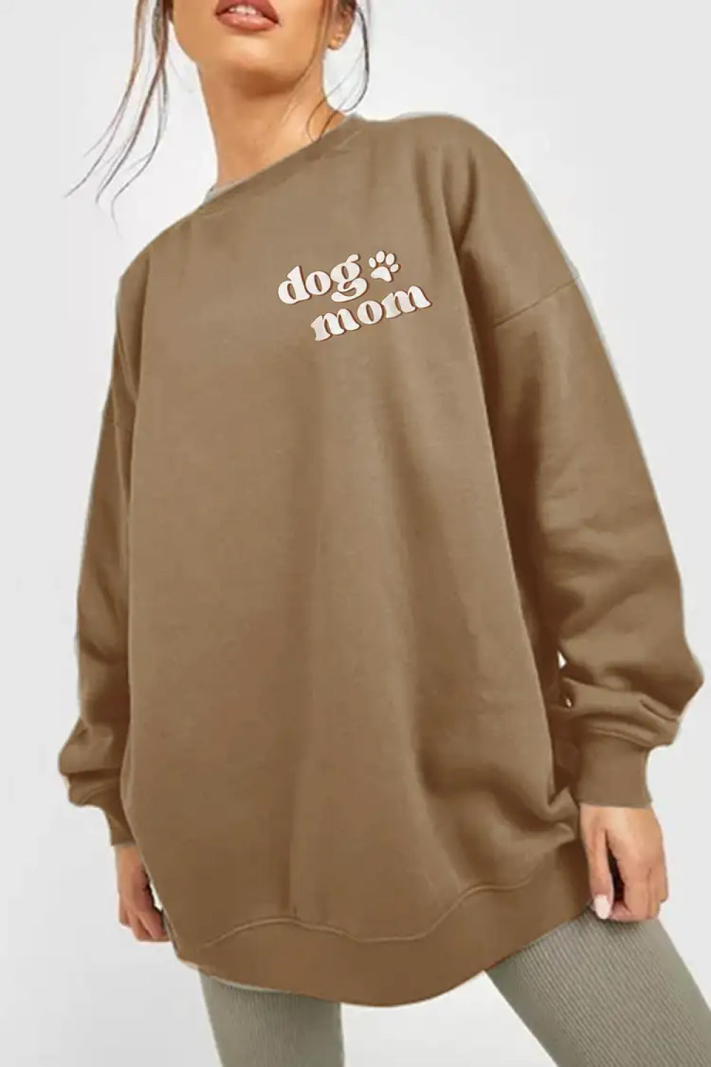 Dim Gray Simply Love Full Size Round Neck Dropped Shoulder DOG MOM Graphic Sweatshirt Sentient Beauty Fashions Apparel &amp; Accessories