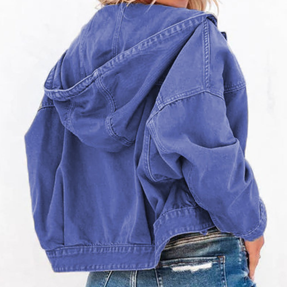 Dark Slate Blue Hooded Dropped Shoulder Denim Jacket Sentient Beauty Fashions Apparel &amp; Accessories