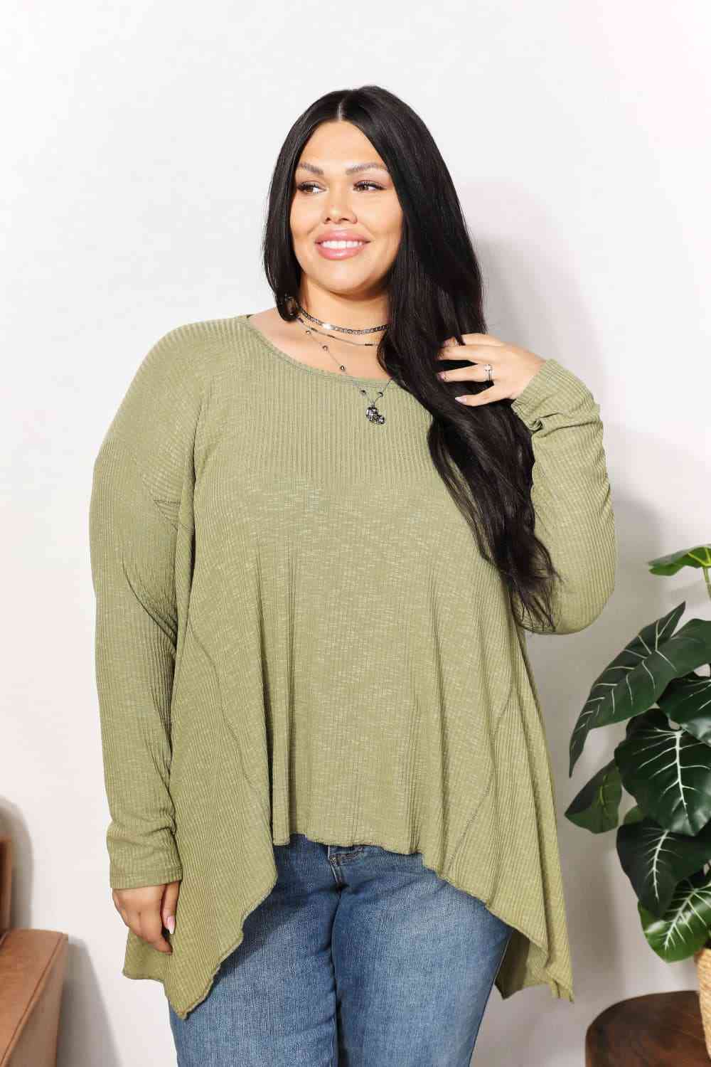 Rosy Brown HEYSON Full Size Oversized Super Soft Rib Layering Top with a Sharkbite Hem and Round Neck Sentient Beauty Fashions Apparel & Accessories