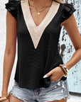 Gray Contrast V-Neck Eyelet Top Sentient Beauty Fashions Apparel & Accessories