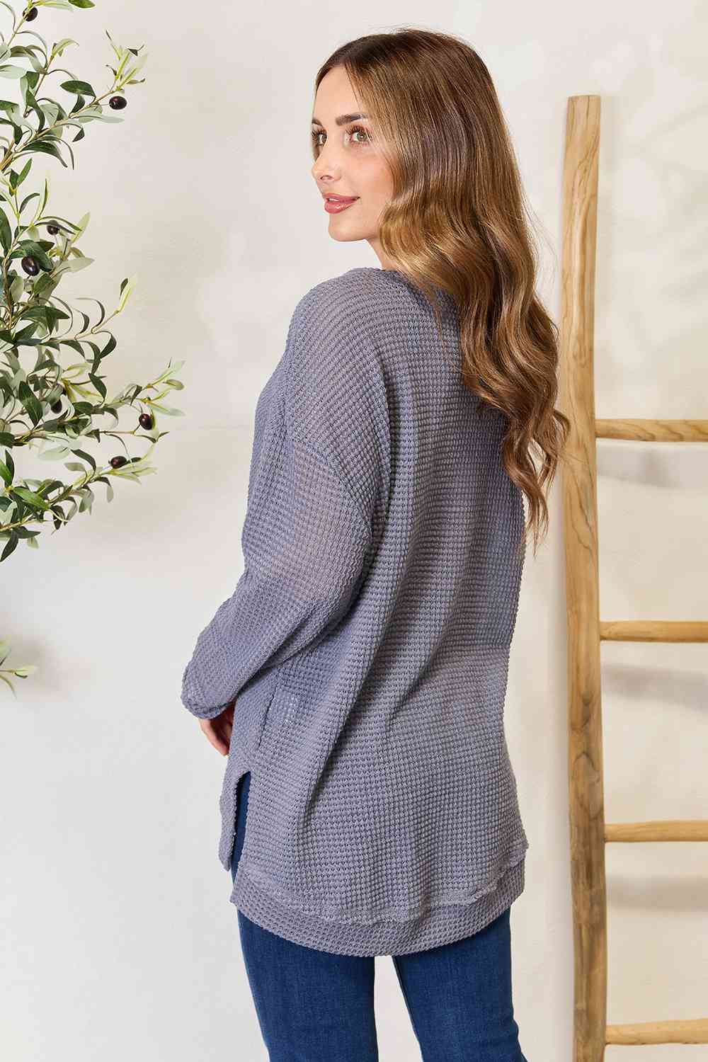 Light Gray Basic Bae Waffle-Knit Round Neck Long Sleeve Slit Sweatshirt Sentient Beauty Fashions Apparel &amp; Accessories