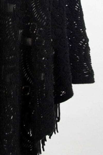 Black Fringe Openwork Surplice Cape Sleeve Poncho