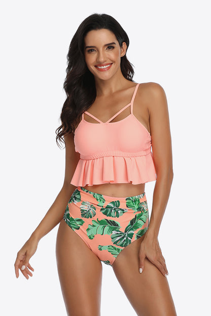 Misty Rose Tropical Print Ruffled Two-Piece Swimsuit