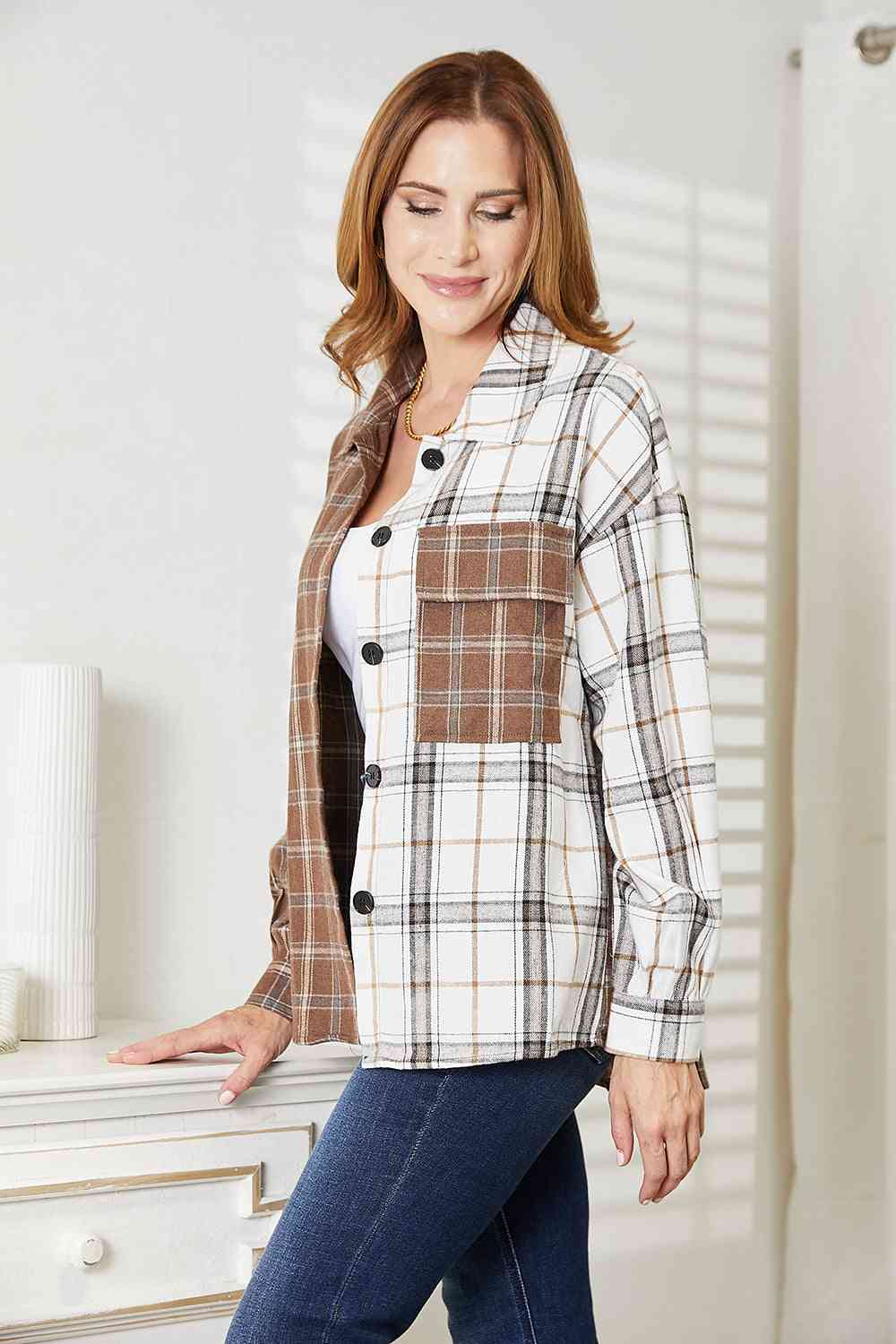 Light Gray Double Take Plaid Contrast Button Up Shirt Jacket Sentient Beauty Fashions Apparel &amp; Accessories