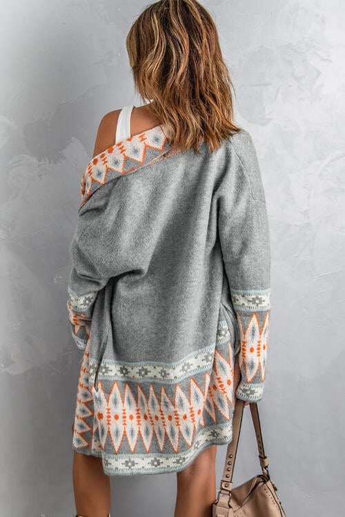 Dark Gray Geometric Open Front Long Sleeve Cardigan