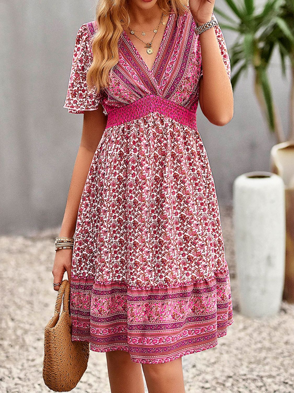 Rosy Brown Floral Print Bohemian Style V-Neck Flutter Sleeve Dress
