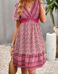 Rosy Brown Floral Print Bohemian Style V-Neck Flutter Sleeve Dress Sentient Beauty Fashions Apparel & Accessories