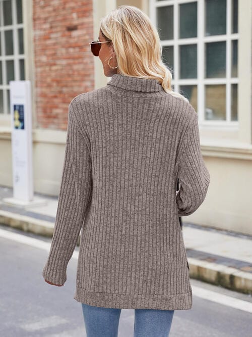 Light Slate Gray Ribbed Turtleneck Long Sleeve Slit Knit Top