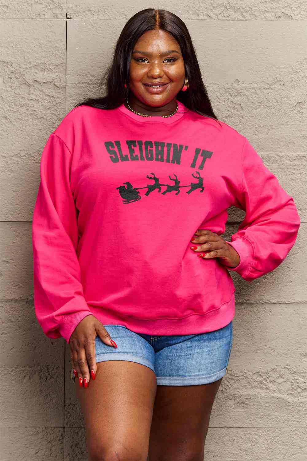 Maroon Simply Love Full Size SLEIGHIN&#39; IT Graphic Sweatshirt Sentient Beauty Fashions Apparel &amp; Accessories