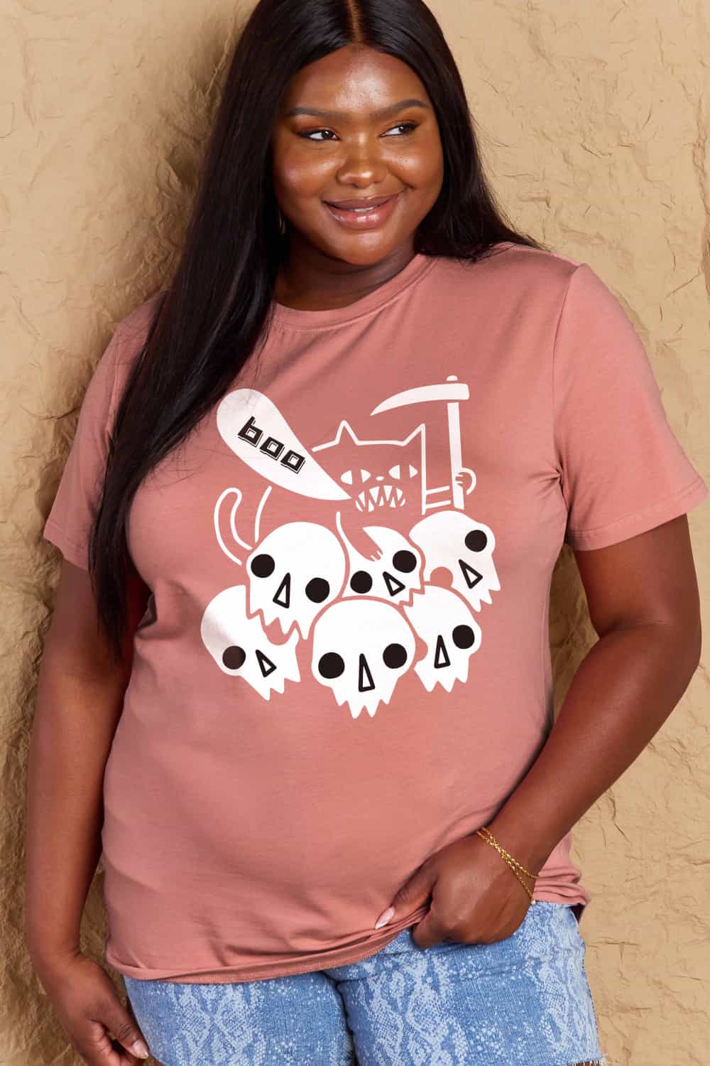 Rosy Brown Simply Love Full Size Graphic BOO Cotton T-Shirt Sentient Beauty Fashions Apparel &amp; Accessories