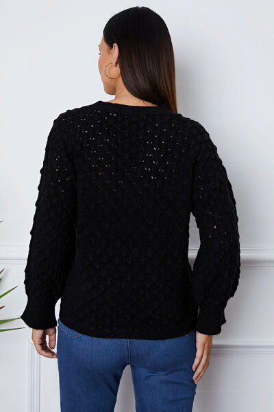 Light Gray Openwork Round Neck Long Sleeve Sweater Sentient Beauty Fashions Apparel & Accessories