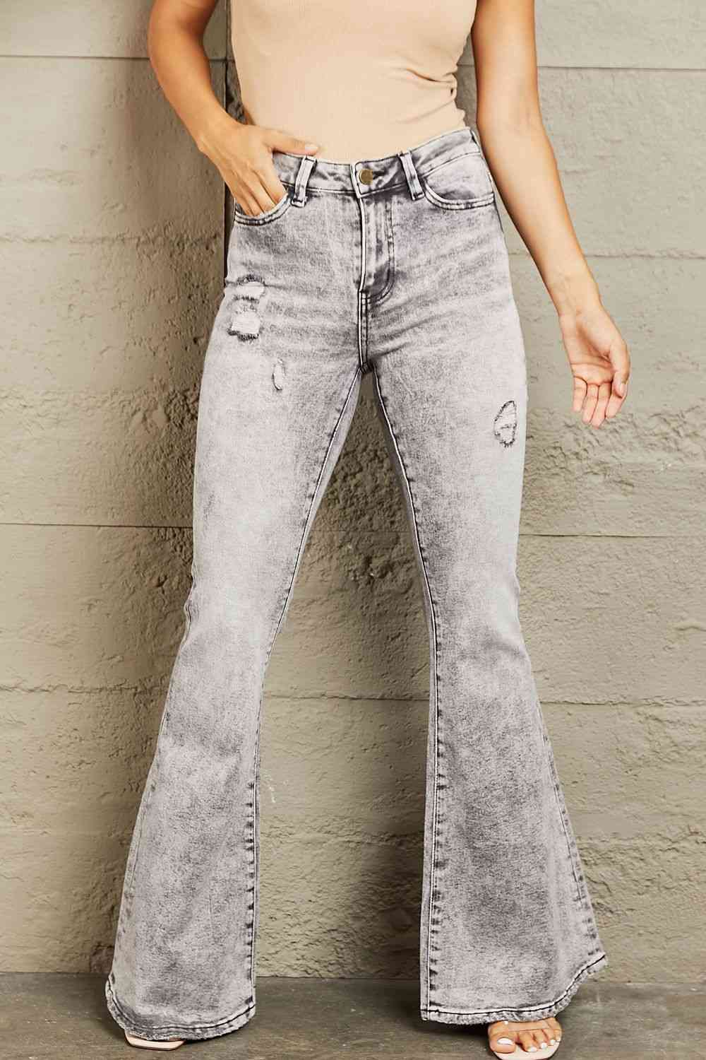 Dark Gray BAYEAS High Waisted Acid Wash Flare Jeans Sentient Beauty Fashions Apparel &amp; Accessories