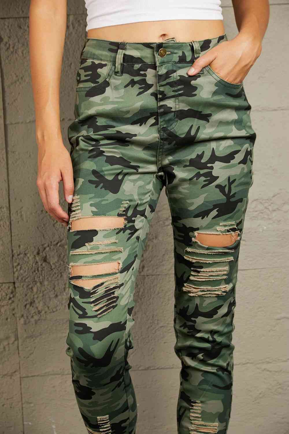 Dim Gray Baeful Distressed Camouflage Jeans Sentient Beauty Fashions Apparel &amp; Accessories