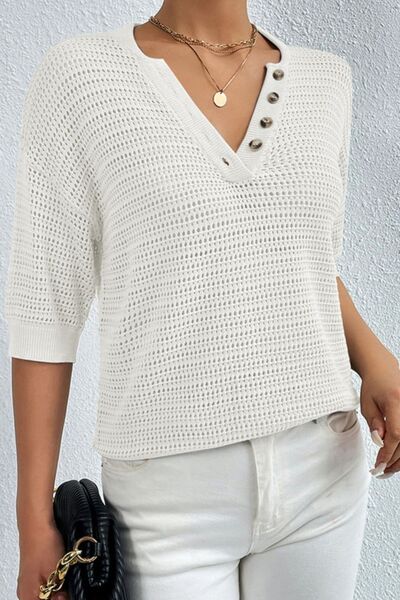 Light Gray Openwork Half Button Dropped Shoulder Knit Top Sentient Beauty Fashions Apparel &amp; Accessories