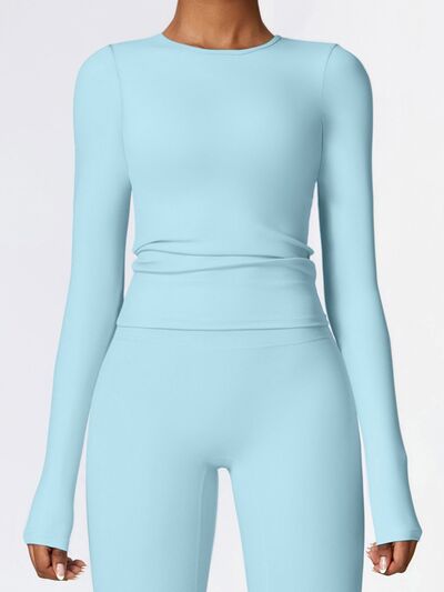 Powder Blue Round Neck Long Sleeve Active T-Shirt Sentient Beauty Fashions Apparel & Accessories
