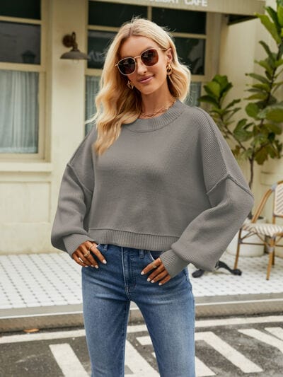 Dim Gray Round Neck Lantern Sleeve Sweater