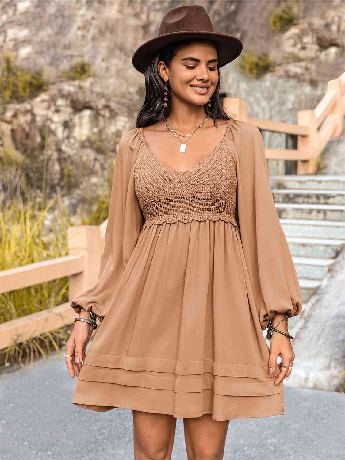 Rosy Brown Crochet V-Neck Balloon Sleeve Dress Sentient Beauty Fashions Apparel &amp; Accessories