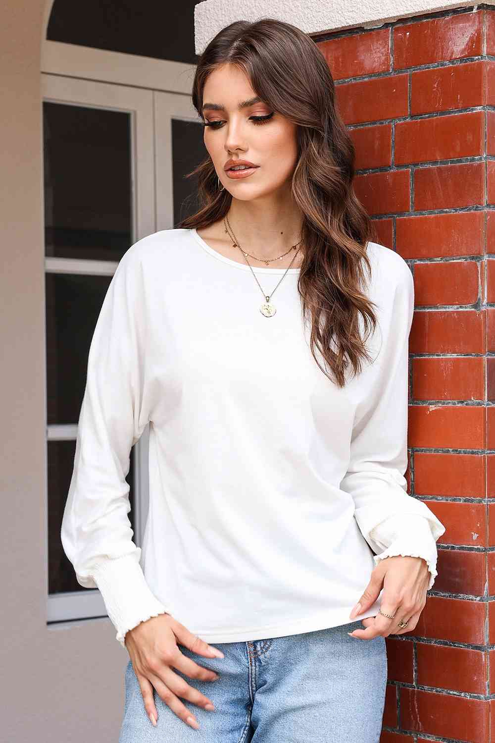 Gray Round Neck Smocked Long Sleeve Blouse Sentient Beauty Fashions Apparel &amp; Accessories