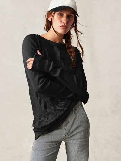 Dark Slate Gray Waffle-Knit Round Neck Long Sleeve Sweater Sentient Beauty Fashions Apparel &amp; Accessories