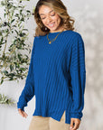 Midnight Blue Basic Bae Full Size Ribbed Round Neck Slit Knit Top Sentient Beauty Fashions Apparel & Accessories