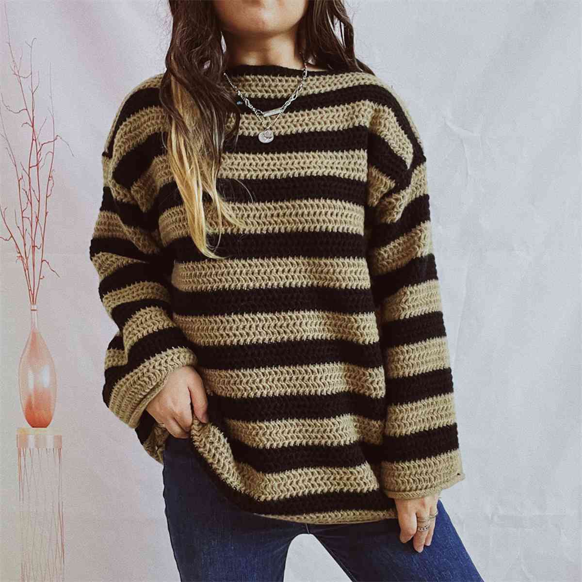 Gray Striped Round Neck Long Sleeve Sweater