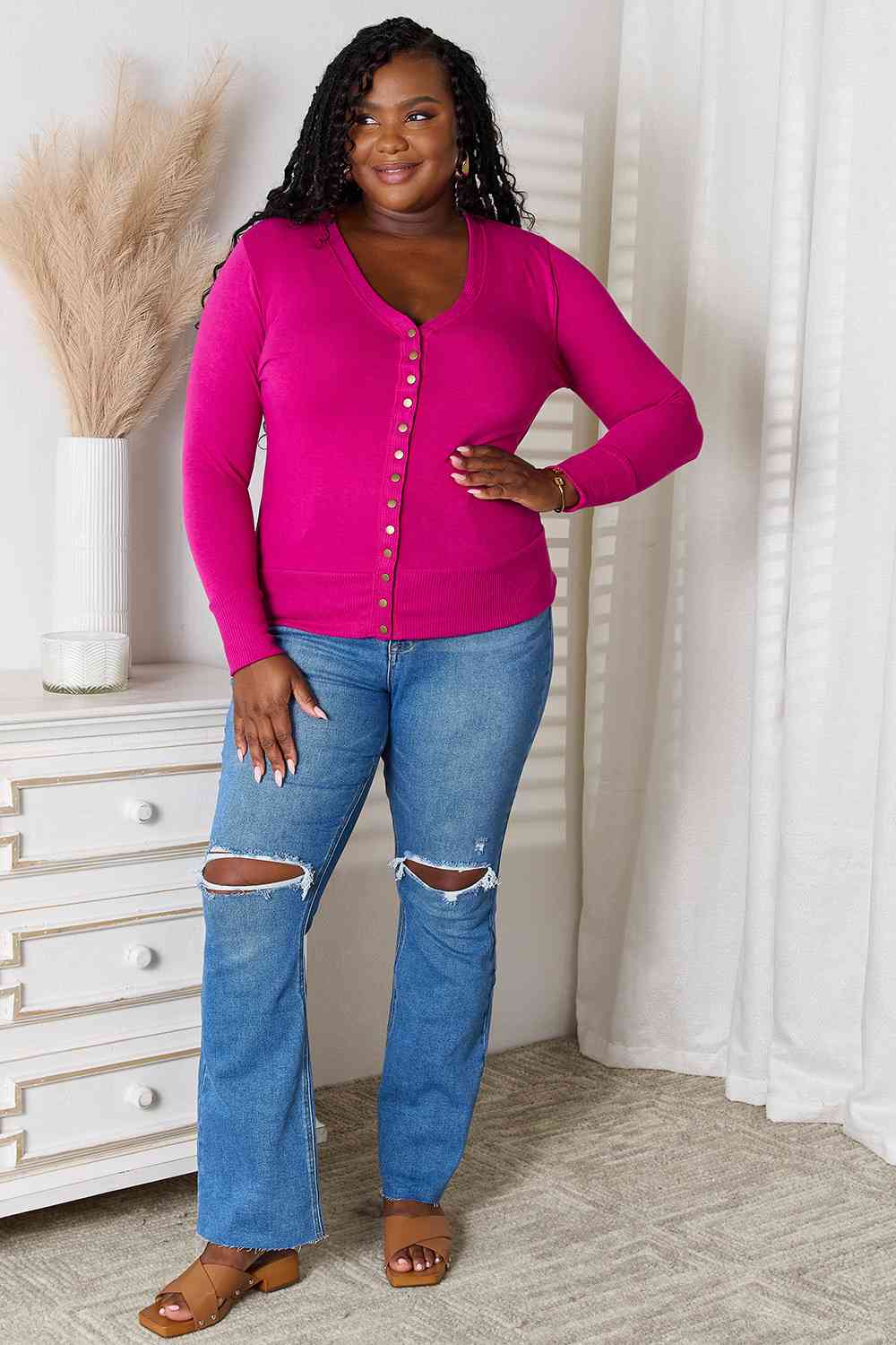 Gray Zenana Full Size V-Neck Long Sleeve Cardigan Sentient Beauty Fashions Apparel &amp; Accessories