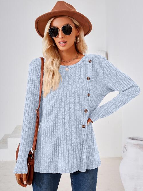 Light Gray Ribbed Buttoned Round Neck Slit T-Shirt