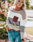 Gray Woven Right Color Block Drop Shoulder Round Neck Sweater Sentient Beauty Fashions Apparel & Accessories