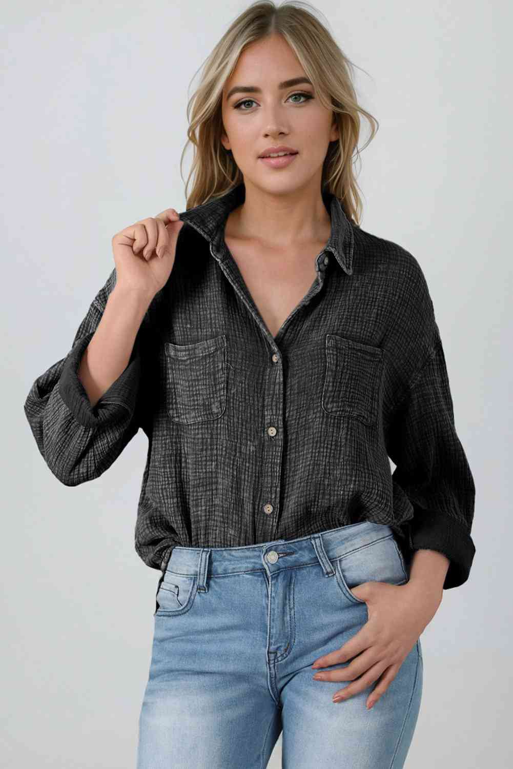 Dark Slate Gray Mineral Wash Crinkle Textured Chest Pockets Shirt Sentient Beauty Fashions Apparel &amp; Accessories