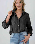 Dark Slate Gray Mineral Wash Crinkle Textured Chest Pockets Shirt Sentient Beauty Fashions Apparel & Accessories