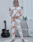 Gray Tie-dye Round Neck Top and Drawstring Pants Lounge Set