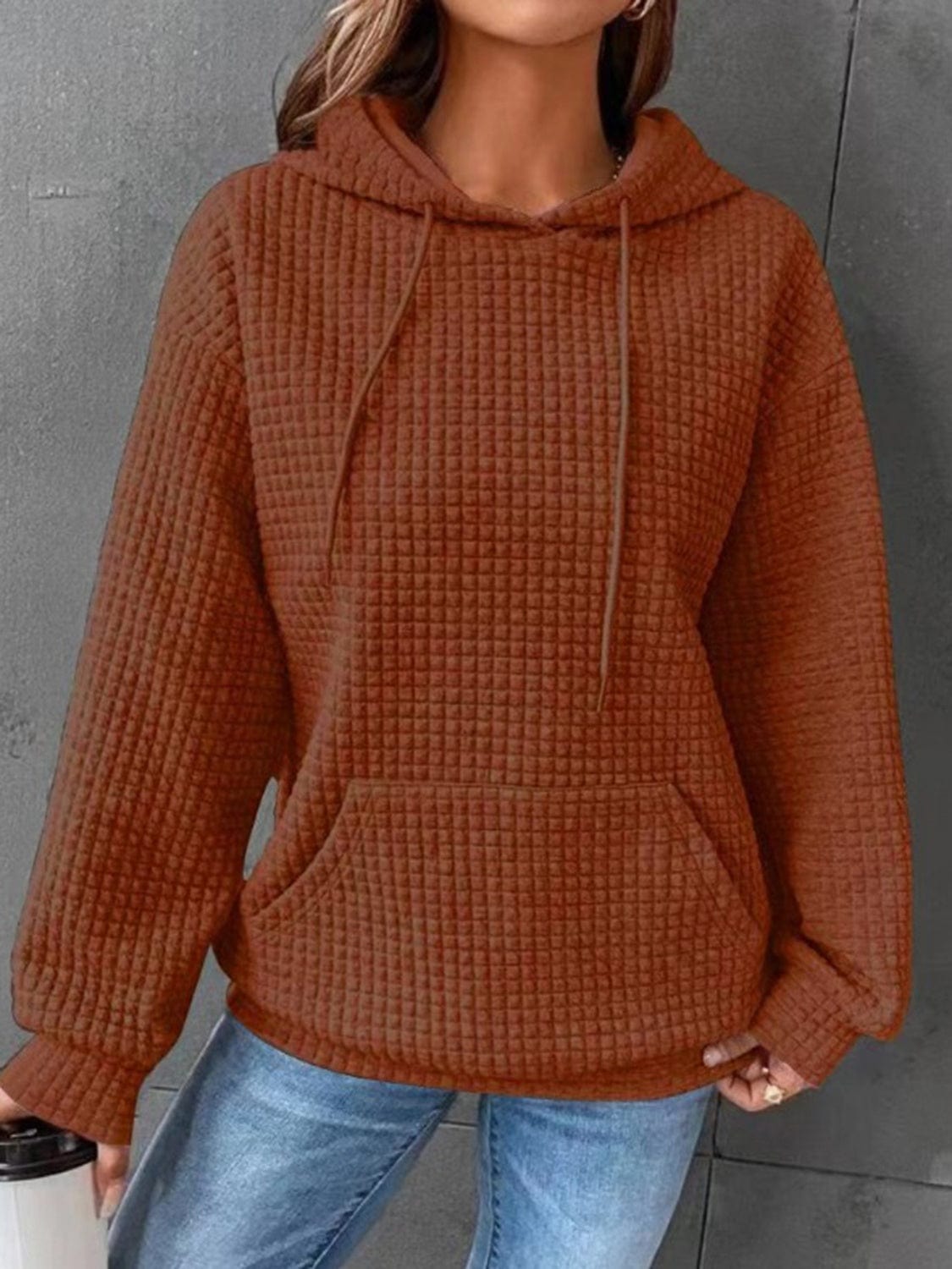 Saddle Brown Textured Drawstring Drop Shoulder Hoodie