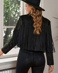 Black Fringe Trim Lapel Collar Cropped Blazer Sentient Beauty Fashions Apparel & Accessories