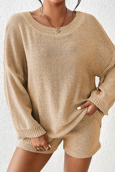 Rosy Brown Round Neck Dropped Shoulder Sweater and Drawstring Pants Set Sentient Beauty Fashions Apparel &amp; Accessories