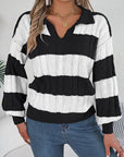 Dark Slate Gray Cable-Knit Striped Long Sleeve Sweater Sentient Beauty Fashions Apparel & Accessories