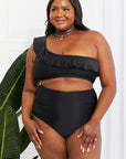 Lavender Marina West Swim Seaside Romance Ruffle One-Shoulder Bikini in Black Sentient Beauty Fashions Swimwear
