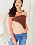 Light Gray Double Take Color Block Exposed Seam Long Sleeve Top